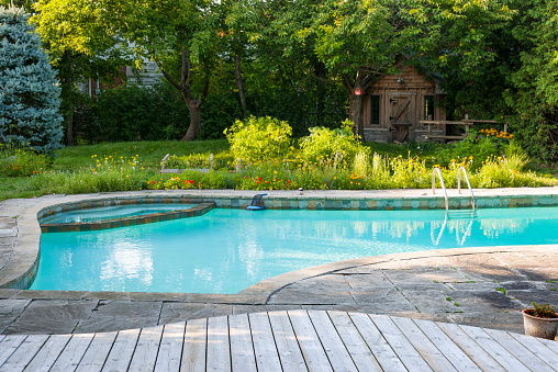Swimming pool in backyard